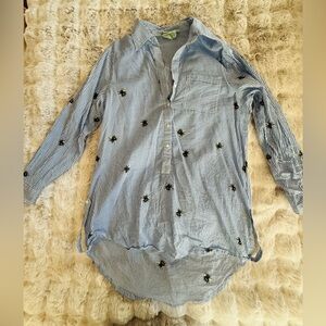 Blue Striped Bee Shirt Coverup with Embroidered Details Small Oversized